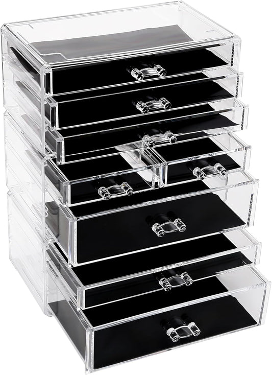 Sea Team 3-Tier Stackable Clear Makeup Organizer with Drawers, Acrylic Plastic Cosmetic Display Case, Jewelry Storage Box, Holder for Dresser, Bathroom, Vanity, Countertop (8 Drawers)