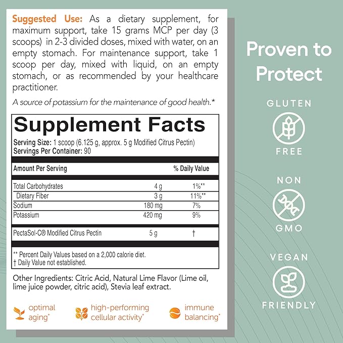 PectaSol Modified Citrus Pectin – 551g Lime Powder – Total-Body Health Supplement to Support Heart, Immune System, Inflammation Response & Healthy Aging + Maintain Healthy Galectin-3 Levels