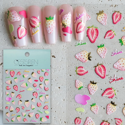 Golden Strawberry Nail Art Stickers, Embossed Cute Fruit Decals, Self-Adhesive Design, Accessories for Women, Nail Supplies