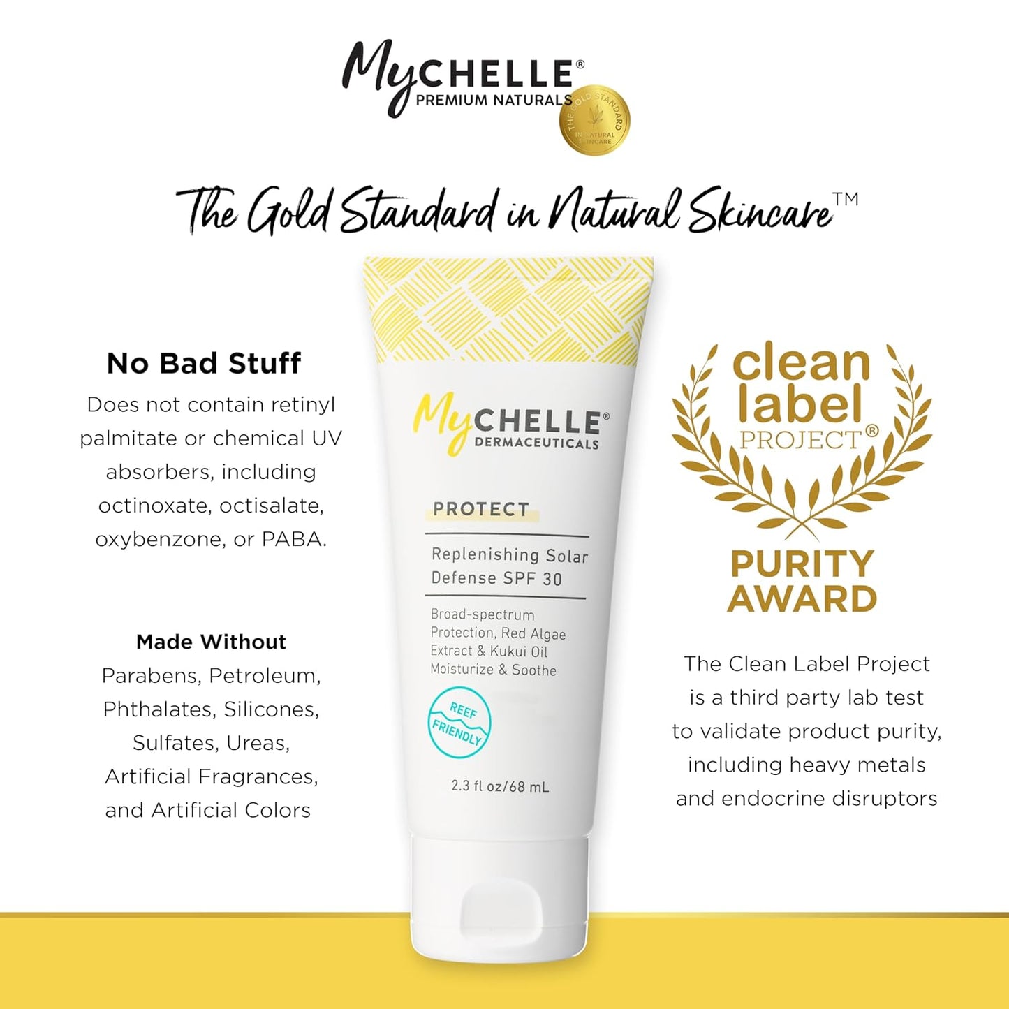 MyCHELLE Dermaceuticals Solar Defense SPF 30 (2.3 Fl Oz) - Moisturizing Reef Safe Sunscreen with Red Algae Extract and Kukui Oil - Travel Size Zinc Sunscreen for Face and Body
