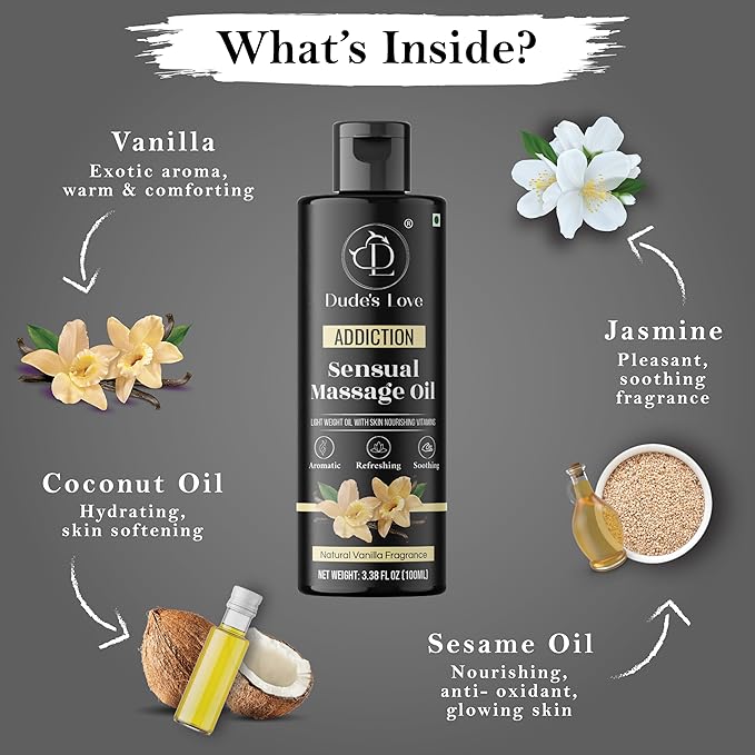 Organic - Sensual Delights -Vanilla Massage Oil - No Stain & Non-Sticky | with Fractionated Coconut Oil, Natural Vanilla & Jasmine | Nourish & Moisturise Skin for Date Night
