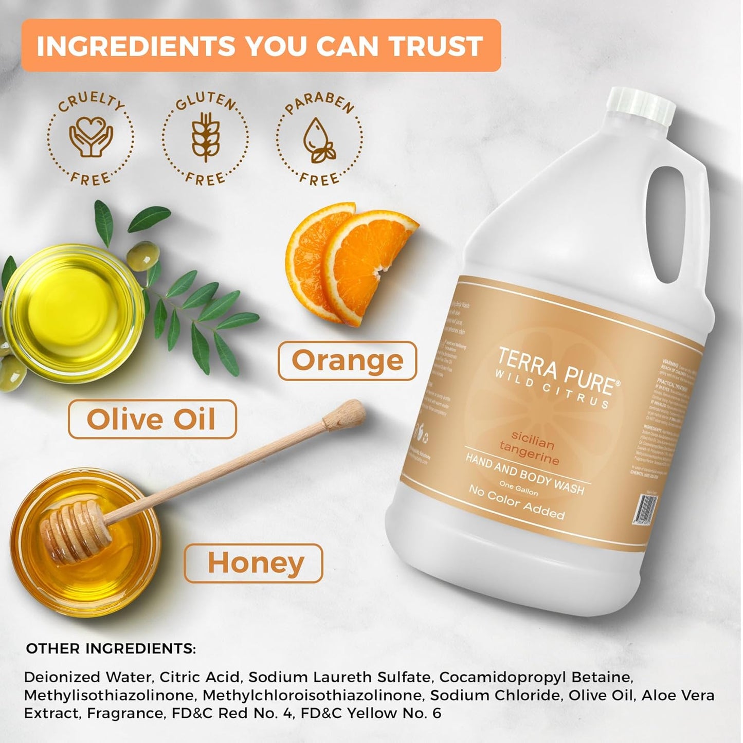 Terra Pure Wild Citrus Gallon Hand & Body Wash – Refill Jug for Hotels, Vacation Rentals, Guest Homes, Spas, Gyms | Bulk Liquid Soap Toiletries | No Color Added | For Sensitive Skin & Daily Use