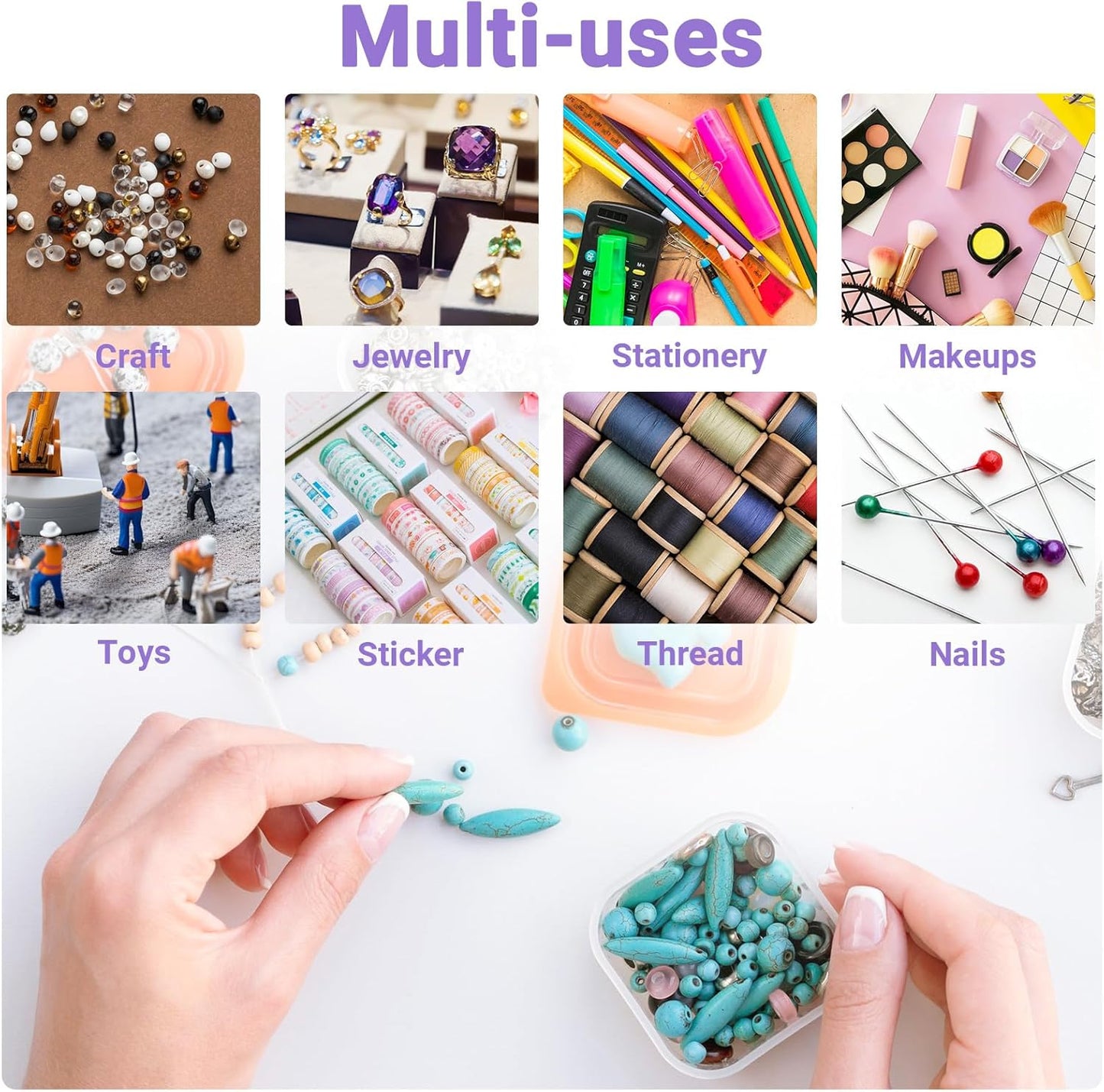 False Nail Container, Cosics Bright Pink 36-Gird Plastic Nail Art Organizers Storage Box with Adjustable Dividers, False Jewelry Diamonds Charms Nail 3D Decorations Manicure Accessory Holder Case