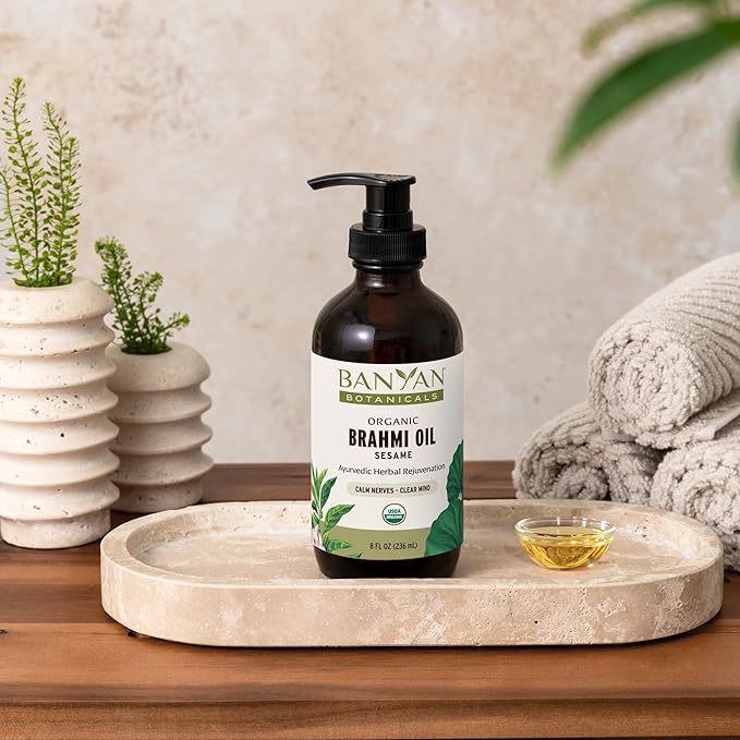 Banyan Botanicals Brahmi Oil with Sesame Base – Organic Ayurvedic Massage Oil with Gotu Kola and Bacopa ­­– Calming Massage Oil for Focus & Relaxation – 8 oz – Non GMO Sustainably Sourced Abhyanga Oil