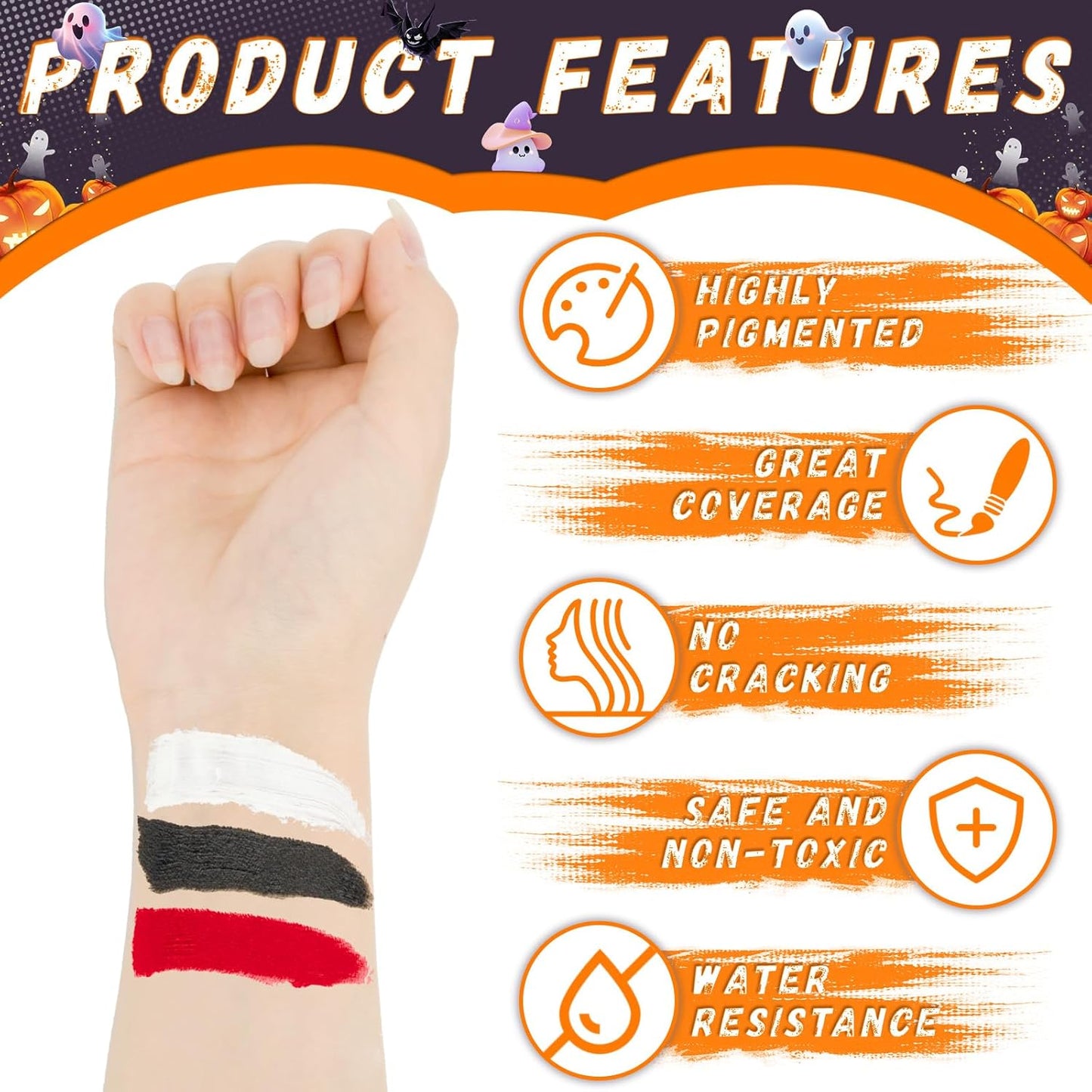 TonJin Black + White + Red Face Body Paint Set 5.28oz,Non-Toxic Professional Paint Palette Kit with 3 Brushes for Kids & Adults Art Theater Halloween Party Cosplay Clown Corpse Paint SFX Makeup