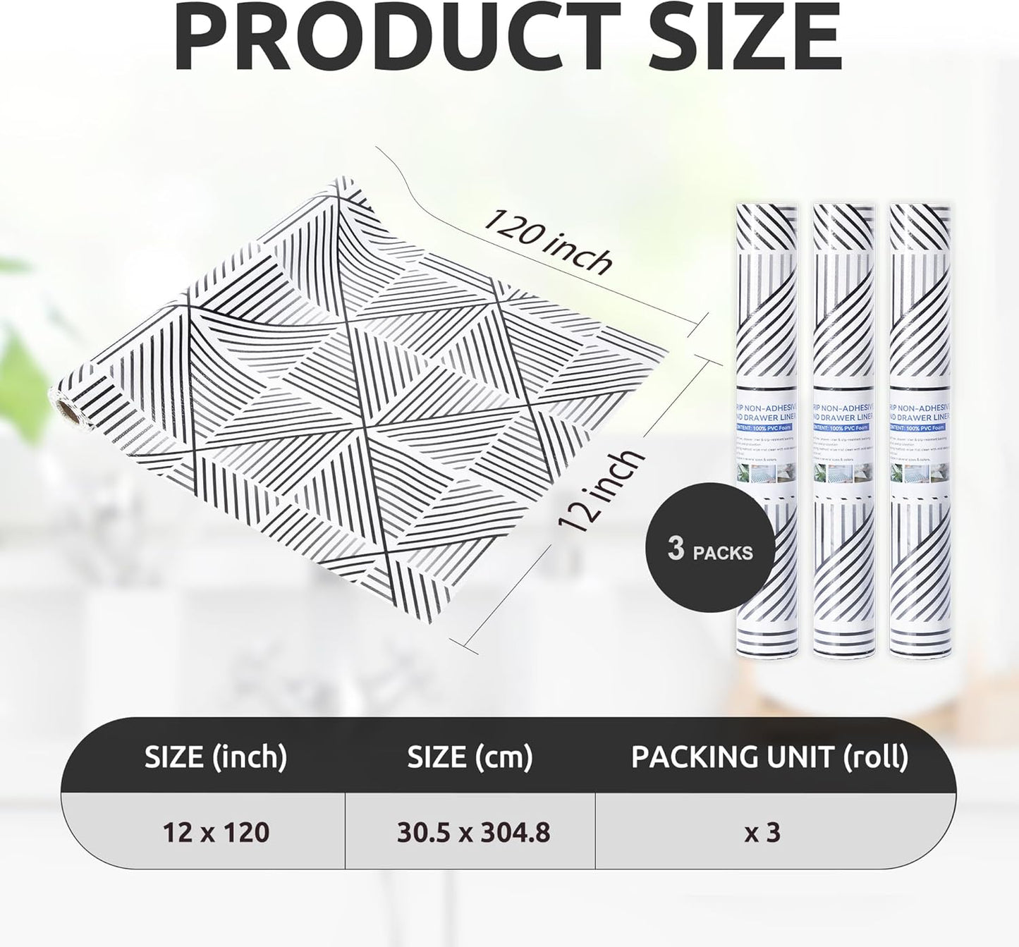 RAY STAR 12X120 Inch Shelf Liner for Kitchen Cabinets, Non-Adhesive Cabinet Liner Washable, PVC Drawer Liner for Dresser Non-Slip Bathroom (Classic Black)(3 Roll)