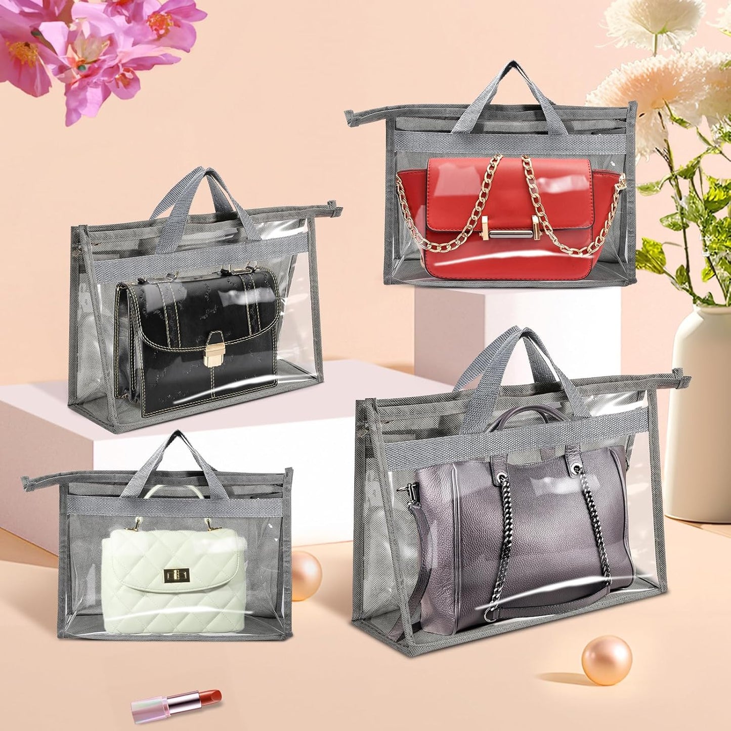 10 Pcs Dust Bags for Handbags,Clear Handbag Storage Organizer,Purse Storage Organizer for Closet,Purse Protector Storage Bag with Zipper Handle and Hooks (Grey)