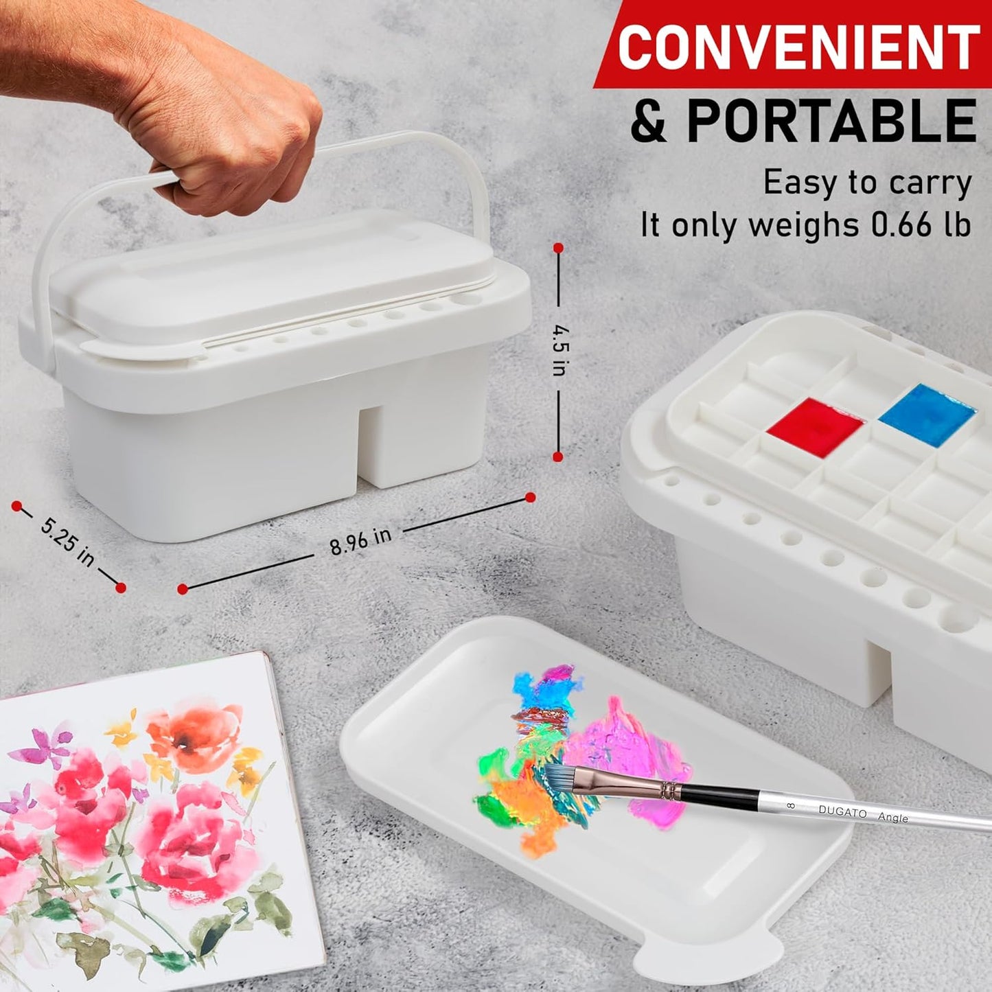 DUGATO 3-in-1 Paint Brush Cleaner Washer, Holder & Palette - Keep Brushes Clean & Organized - Artists Art Cleaning Basin with Lid & 2 Art Sponges for Acrylic, Watercolor, Oil Painting (White)