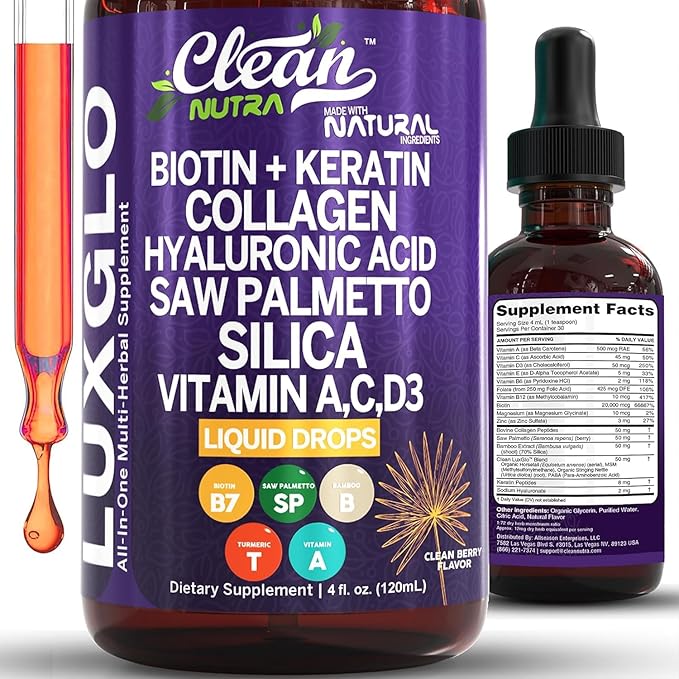 Biotin Liquid Drops Collagen Keratin Hyaluronic Acid Saw Palmetto for Hair Skin and Nails Silica Vitamin A C Vitamin D Bamboo Turmeric Zinc Folate Magnesium Horsetail LuxGlo by Clean Nutra - 2Pack