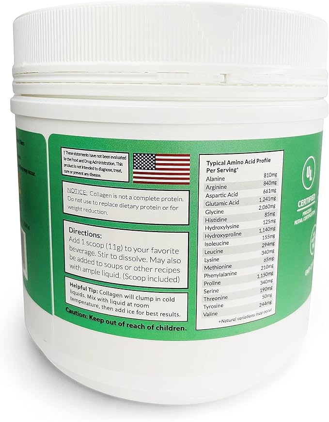 SASZ Hydrolyzed Bovine Collagen Peptides Powder 1lb Jar Clean Collagen Unflavored Grass-Fed Non-GMO Kosher Highly Soluble Protein