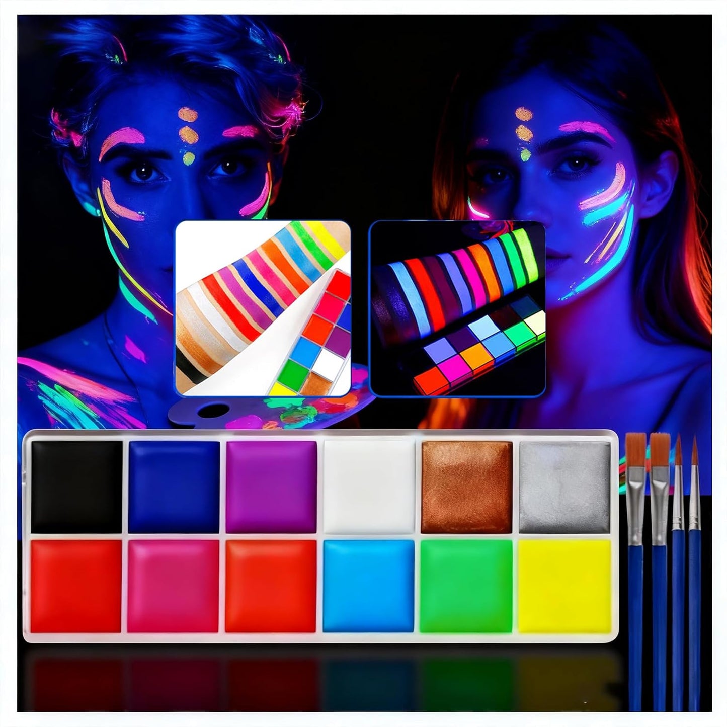Glow UV Blacklight Face Paint,Neon Fluorescent Body Painting Palette,Water Activated Makeup Eyeliner,Water Based Glow In The Dark Party Halloween Washable for Adult Body Paint Set (12 color)