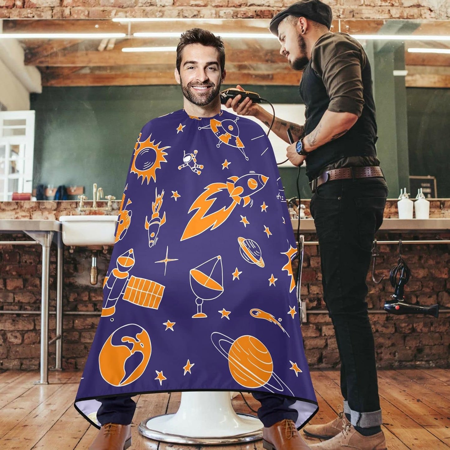 visesunny Barber Cape Space Doodle Polyester Hair Cutting Salon Cape Apron Anti-Static Haircut Water-Resistant Shaving Cloth Beard Shaving Bib Hairdressing Cape