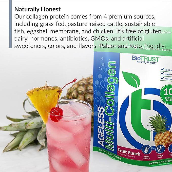 BioTrust Ageless Multi Collagen 5-in-1 Protein Powder (Fruit Punch) BlenderBottle Bundle