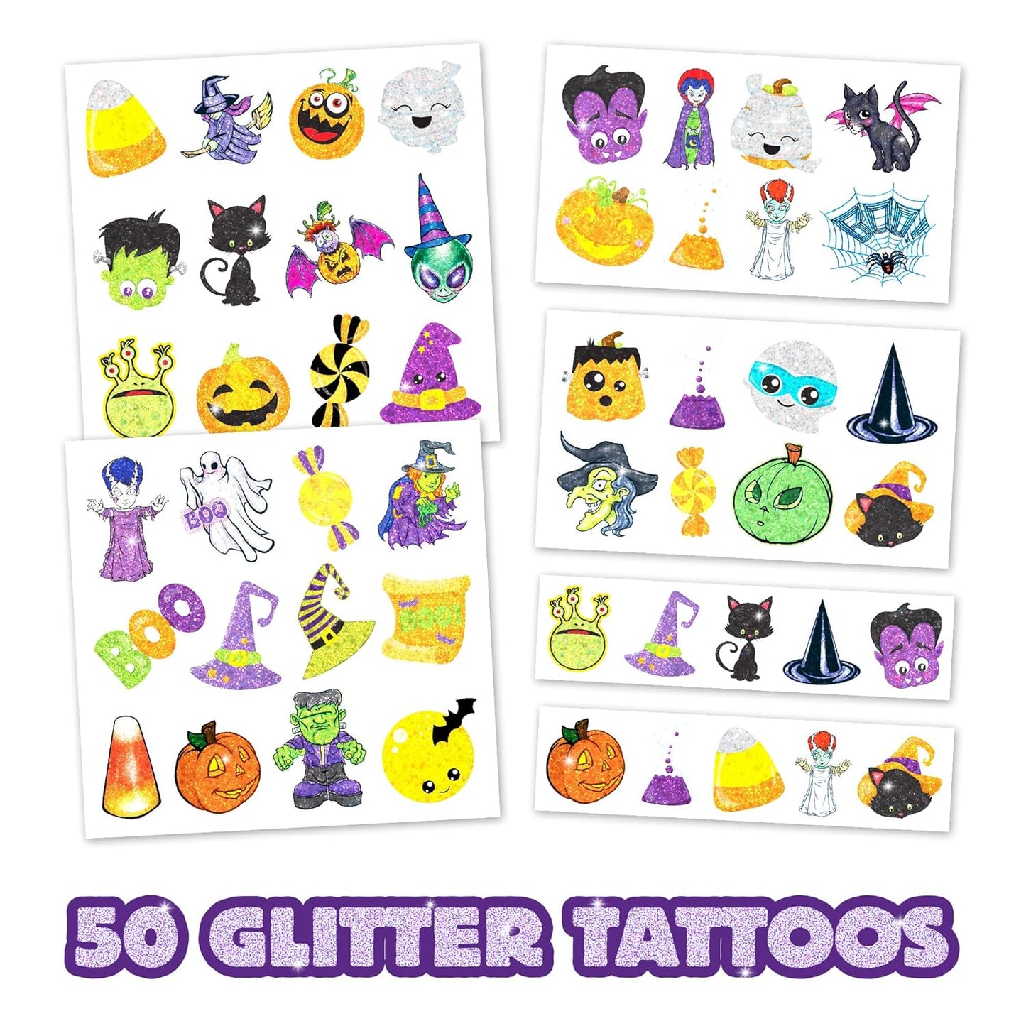 Assorted Glitter Halloween Tattoos – Sparkly Temporary Tattoos for Kids, Includes Pumpkins, Ghosts, Bats & More, Non-Toxic Party Favors & Trick-or-Treat Handouts