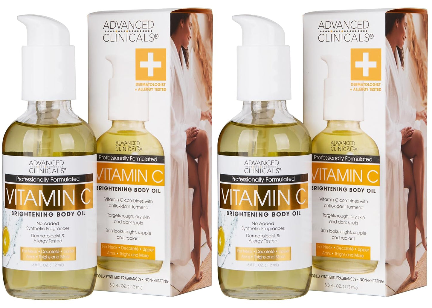 Advanced Clinicals Vitamin C Brightening Body Oil For Women & Men | Vitamin C Oil Skin Care Body Moisturizer With Vitamin E + Botanicals To Help Improve Appearance Of Dark Spots + Dry Skin, 2PC