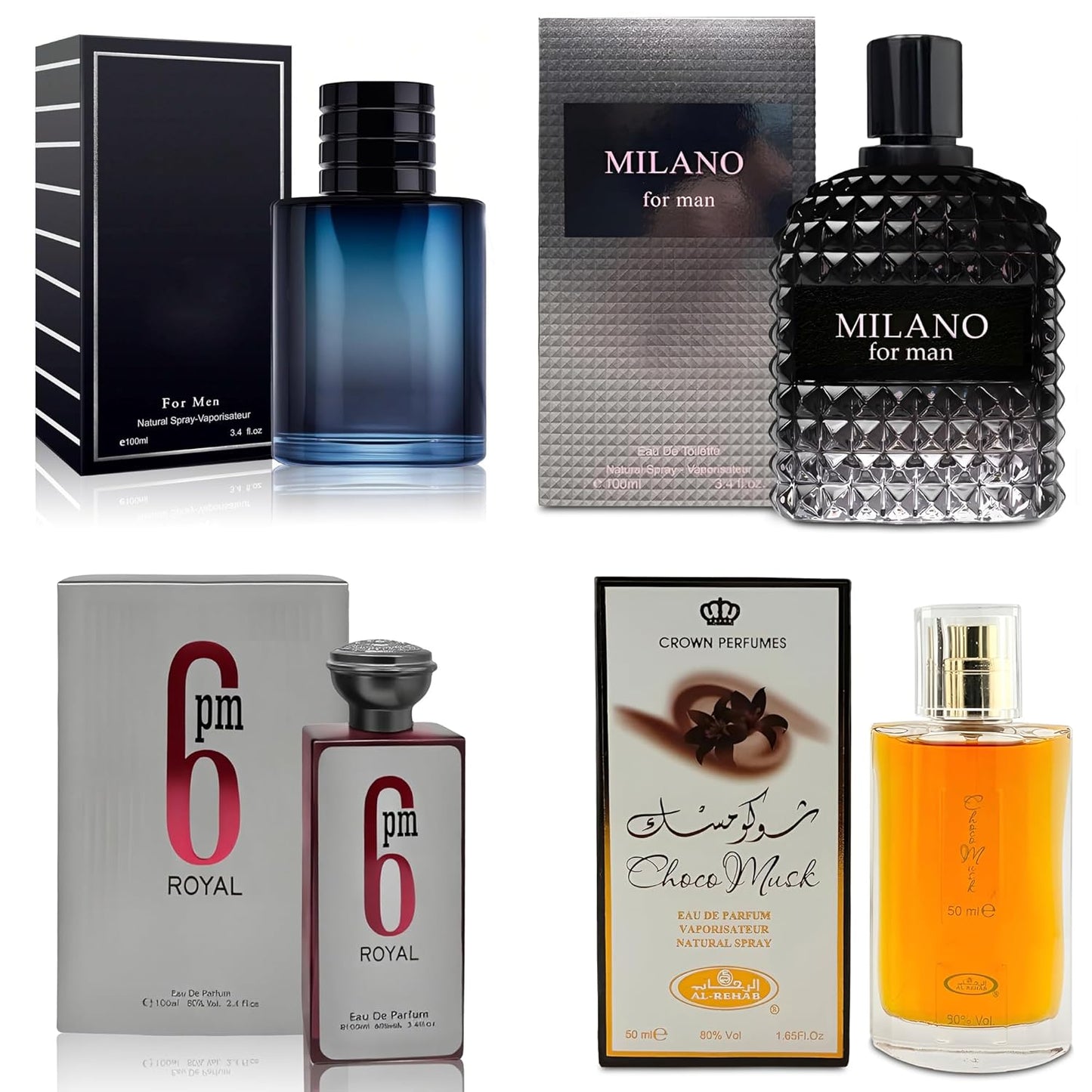 4-Piece Cologne for Men Includes Choco Musk/SE/6PM Royal/Milano Scent of Woody, Spicy, Citrus & Aromatic eau de parfum Men Gift Set Each 100Ml for Daily Use