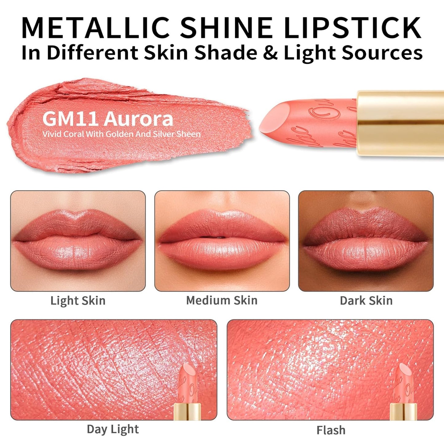 Oulac Matte Coral Lipstick with Glow Metallic Finish - Vegan Lipstick for Women, Creamy Texture, Hydrating Clean Beauty Formula, High-End Magnetic Hook Design, GM11 Aurora