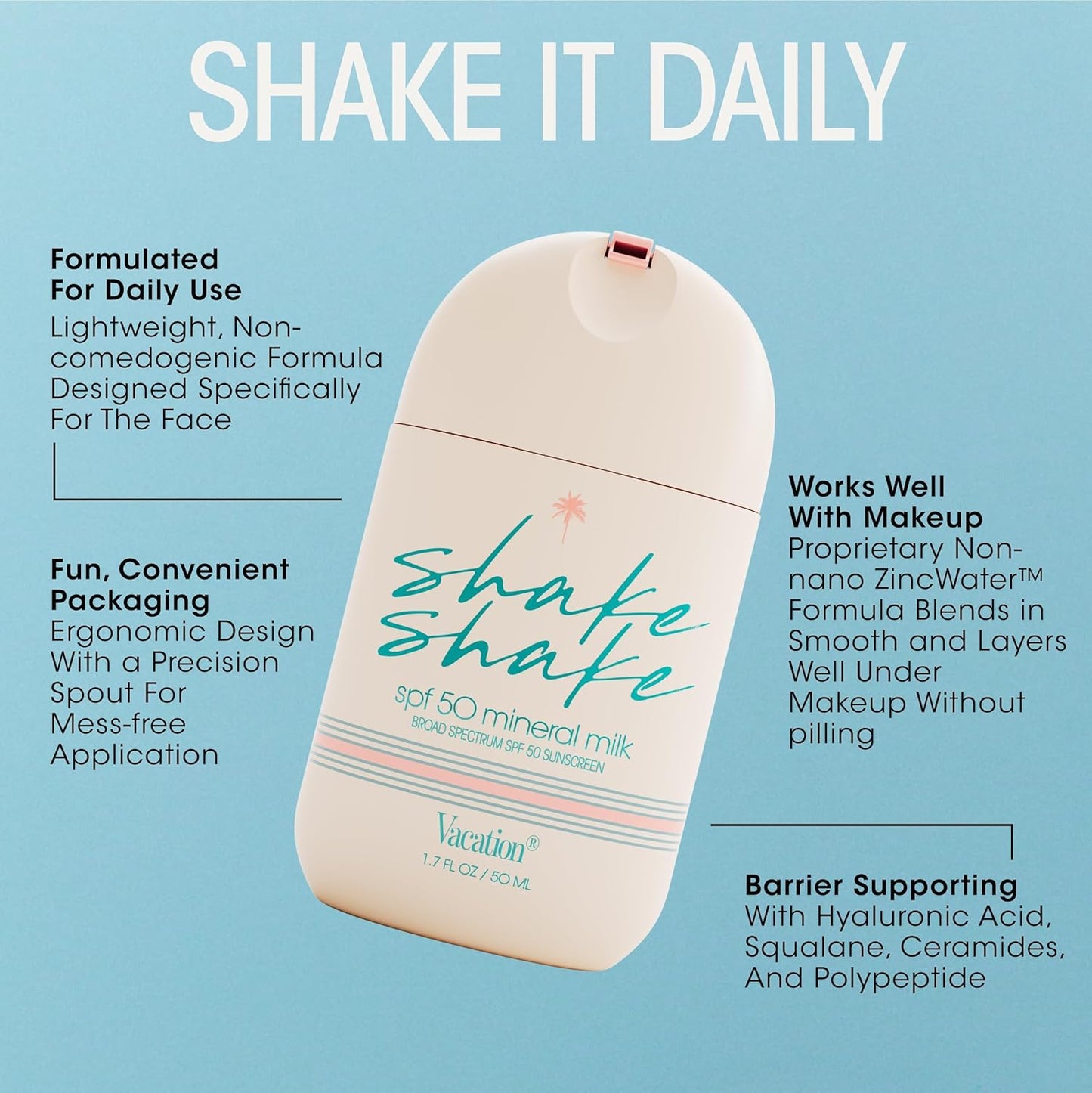 Vacation Shake Shake SPF 50 Mineral Milk Face Sunscreen, Non-Comedogenic, Streak-Free, Water-Resistant Broad Spectrum Sun Block, Non-Nano Zinc Formula, Vegan, Moisturizer with SPF, 1.7 Fl. Oz.