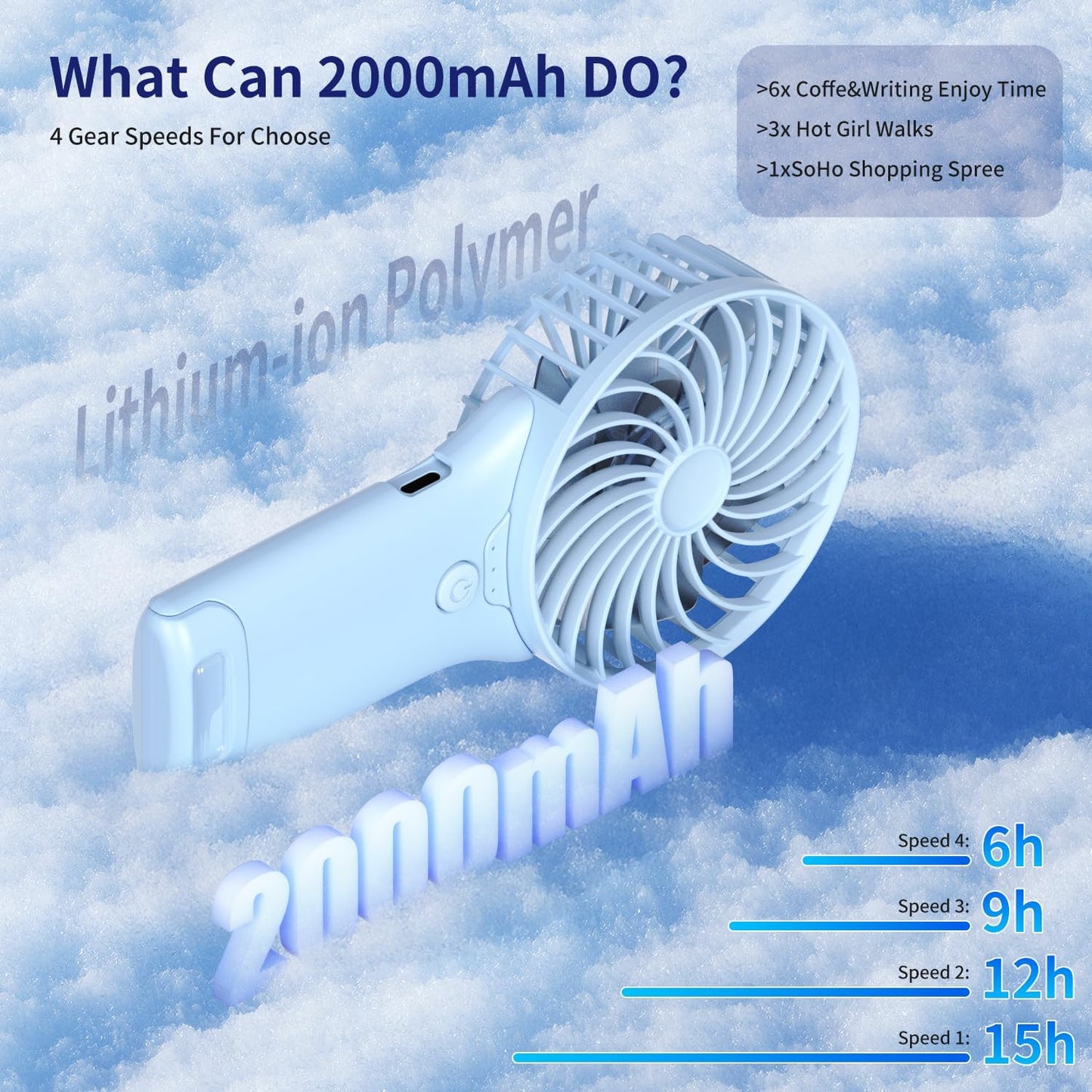 GEHEN Portable Pocket Fan, USB Rechargeable, Mini Fan with Mirror, 4 Gear Wind, Up to 15 Hours, Hand Fan with Powerful Cooling for Travel/Summer/Concerts/Lash, Gifts for Women(Blue)