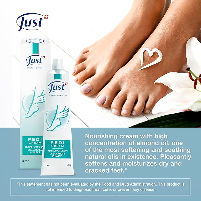 Swiss Just Pedicream Foot Cream 3.4 Fl oz- Nourishing Foot Care Kit with a High Concentration of Almond Oil for Skin - Soothing and Moisturizing Natural and Herbal Formula for Dry and Cracked Feet