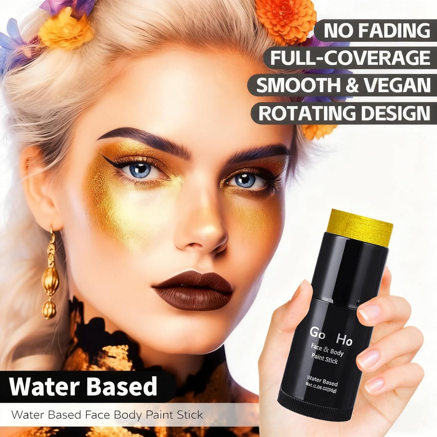 Go Ho Metallic Gold Face Body Paint Stick,Washable Face Paint Gold Eye Black,Non-toxic Cream Body Paint for Halloween Costumes Cosplay SFX Makeup