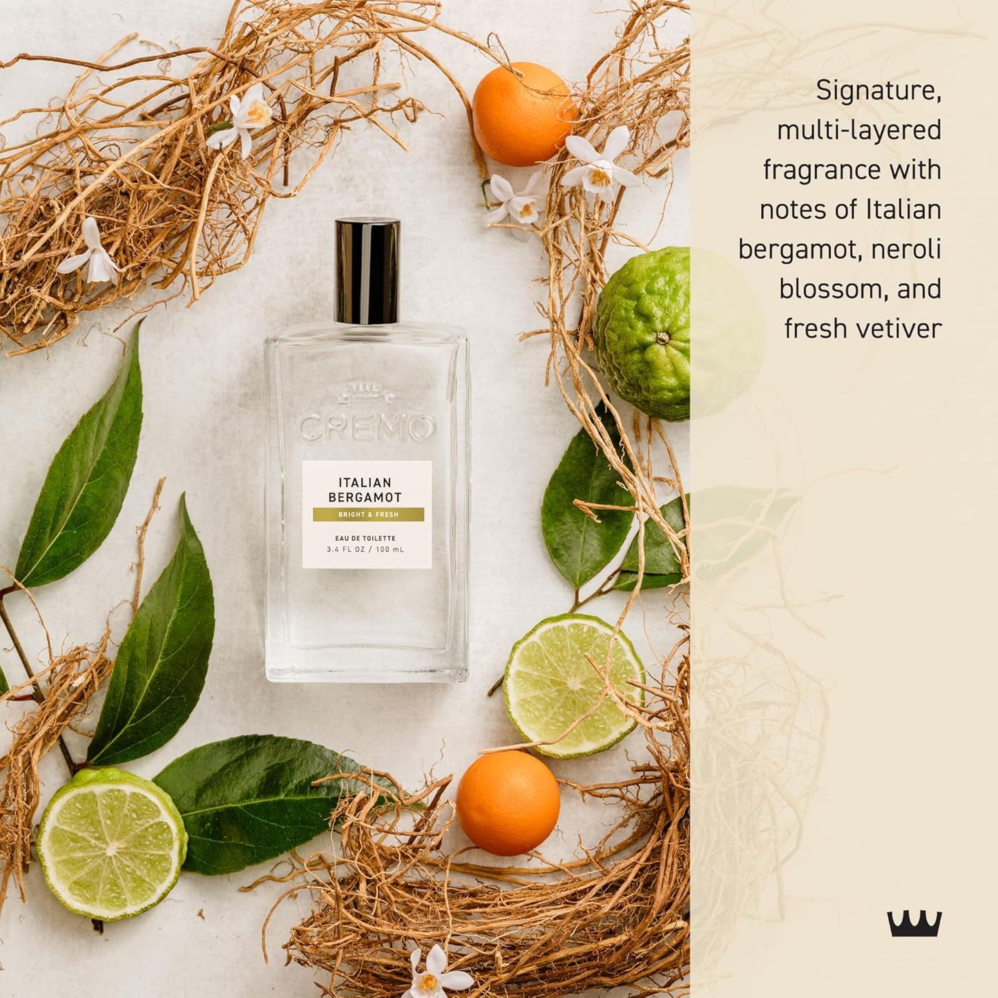 Cremo Cologne For Men - Italian Bergamot Mens Cologne Spray, A Combination of Italian Bergamot, Neroli Blossom, and Fresh Vetiver, Multi-Layered Signature Men's Fragrances, 3.4 Fl Oz