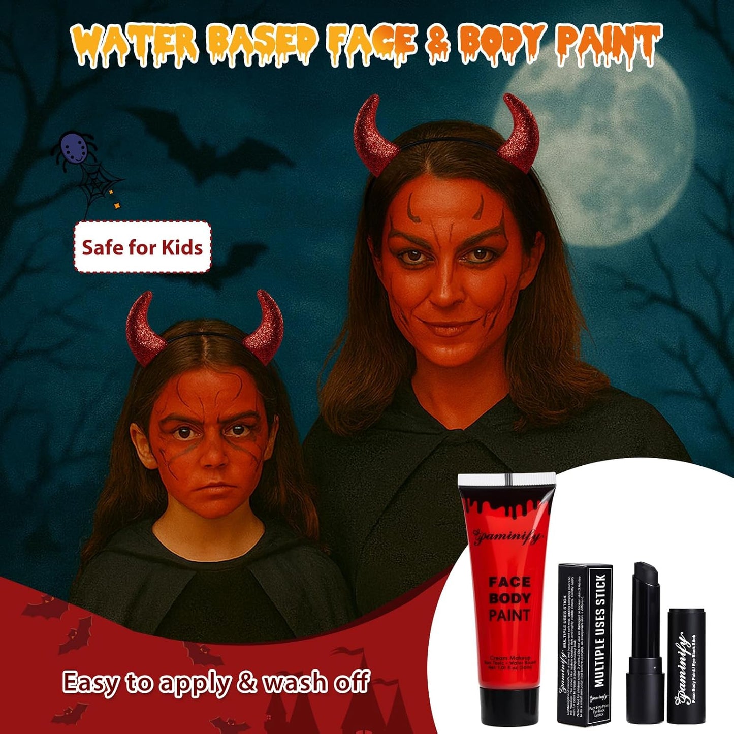Red Face Paint Halloween Makeup Kit,Devil Horns Headband for Kids,1.01oz Water-Based Red Body Paint+Black Lipstick+Sponge+Devil Glitter Headband,Cream Face Paint Stick for Costume
