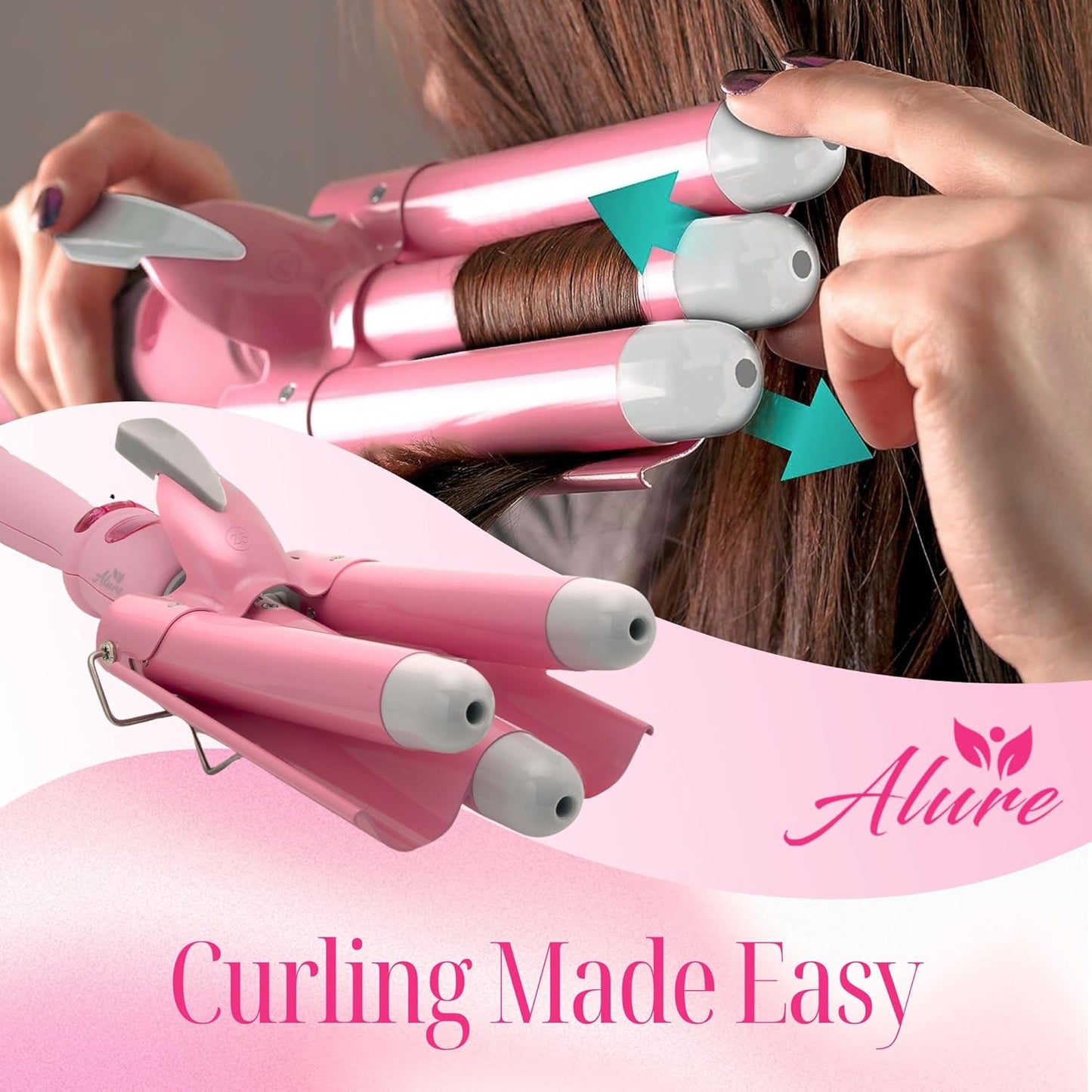Alure Three Barrel Curling Iron Wand Hair Waver with LCD Temperature Display - 1 Inch Ceramic Tourmaline Triple Barrels, Dual Voltage Crimp (White/Pink)