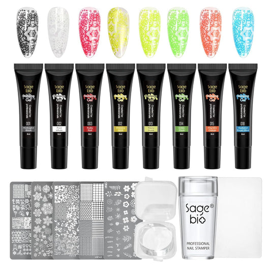 8 Colors Nail Stamping Polish Gels +5Pcs Stamp Print Templates+A set of Stamper with Scraper, Stamping Nail Polish Art Set Manicure Gift Collection