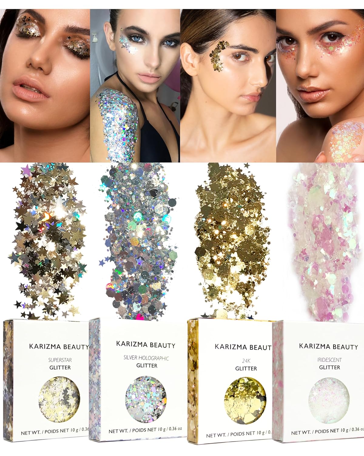 KARIZMA Metallic Glitter Pack! 4X 10g Chunky Face Glitter, Hair Glitter, Eye Glitter and Body Glitter for Women and Men. Rave Glitter, Festival Accessories and Cosmetic Glitter Makeup