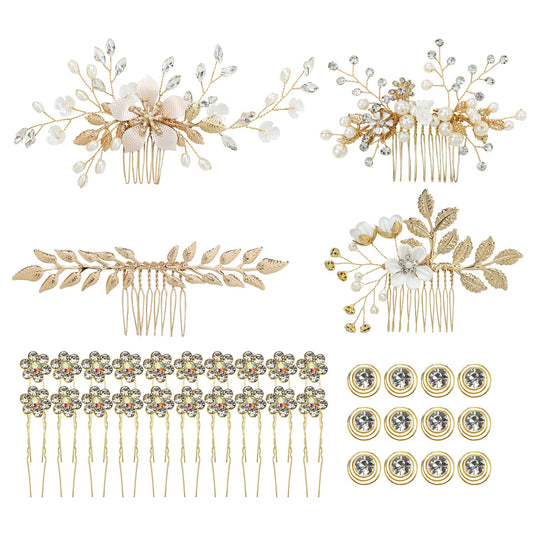 inSowni 36 Pack Gold Flower Leaf Bridal Wedding Hair Side Combs+U-shaped Flower Hair Pins+Spiral Rhinestone Clips Barrettes Hair Pieces Headpieces Accessories for Brides Bridesmaids Women Girls