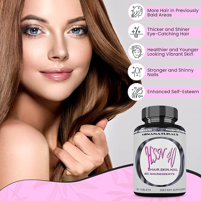 HSN 40 Hair Skin and Nails Growth Vitamins for Women. Biotin 10000 mcg, Keratin, Collagen, for Thicker, Stronger Hair. Tight, Smooth and Soft Skin. Healthy Nails.