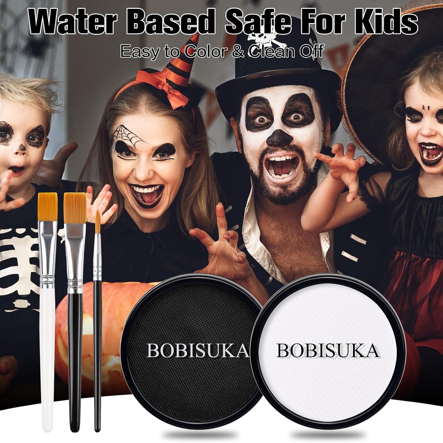 BOBISUKA Black White Face Body Paint, Water Based Face Painting Kit Body Paints with Brushes, Kids Adults Facepaint for Halloween Party Clown Joker Goth Skull SFX Makeup Costume Cosplay Stage Dress-Up