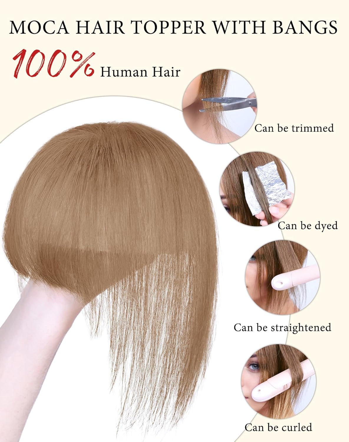 Hair Toppers for Women Real Human Hair, Bangs Hair Clip 360°3D Cover Clip on Bangs for Women Fake Bangs for Daily Wear (10 Inch Light Brown)