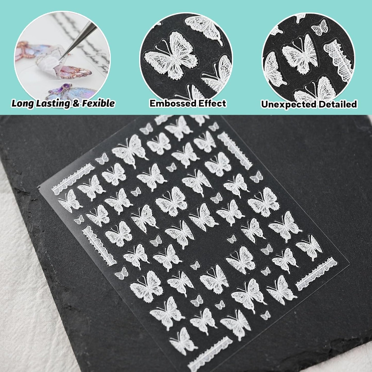 Lace Butterfly Nail Art Stickers, Embossed Nail Decals,Self-Adhesive, White Nail Accessories for Women, Nail Decorations