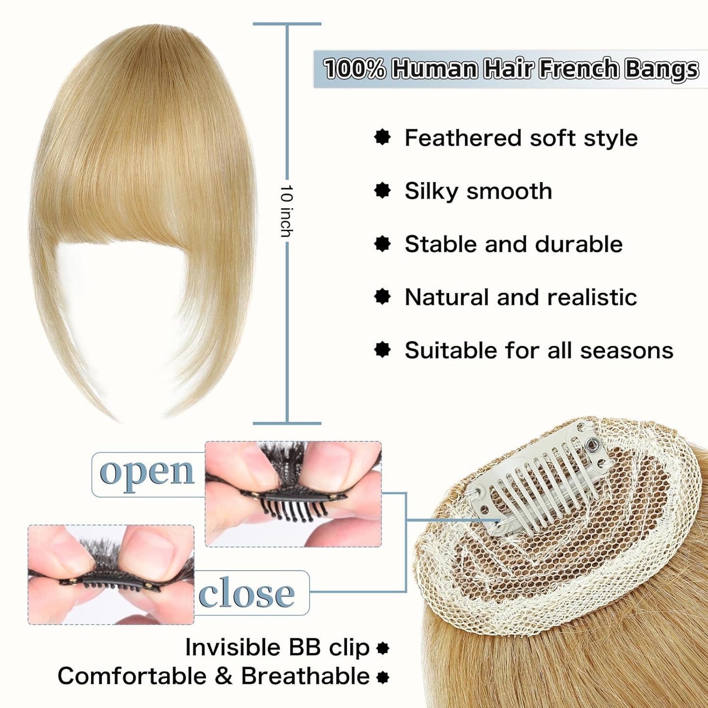 Clip In Bangs for Women, Blonde French Bangs Hair Clip with Temples, 100% Real Human Hair Layered Curved Fringe for Halloween and Daily Use(Blonde, French Bangs)