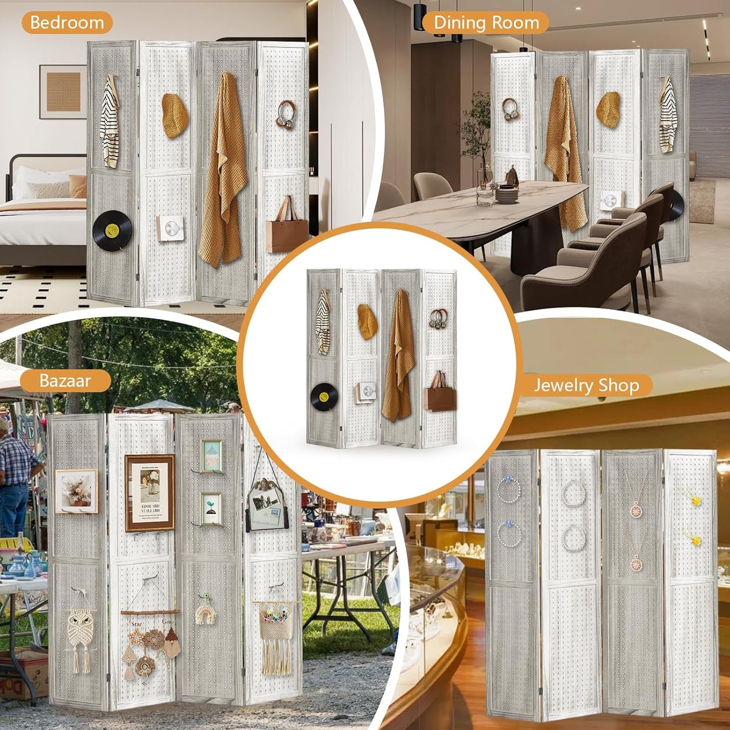 Room Divider, Room Partitions and Dividers, 4 Panel Room Divider Panel, Pegboard Display Board with 16 Hooks for Bedroom, Bazaar, Jewelry Display Stand, White