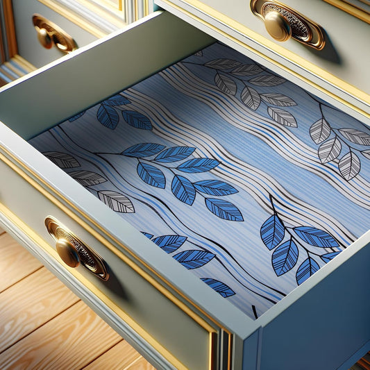 RAY STAR 12X120 Inch Shelf Liner for Kitchen Cabinets, Non-Adhesive Cabinet Liner Washable, PVC Drawer Liner for Dresser Non-Slip Bathroom (Blue Leaf)(2 Roll)