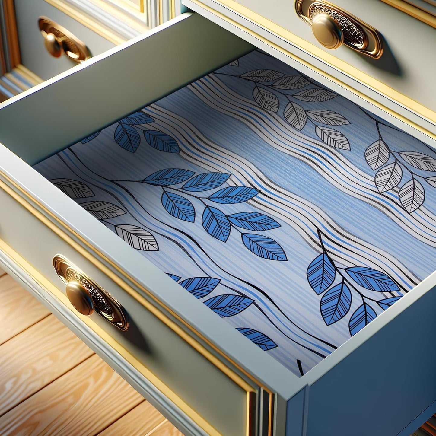 RAY STAR 18X96 Inch Shelf Liner for Kitchen Cabinets, Non-Adhesive Cabinet Liner Washable, PVC Drawer Liner for Dresser Non-Slip Bathroom (Blue Leaf)(1 Roll)