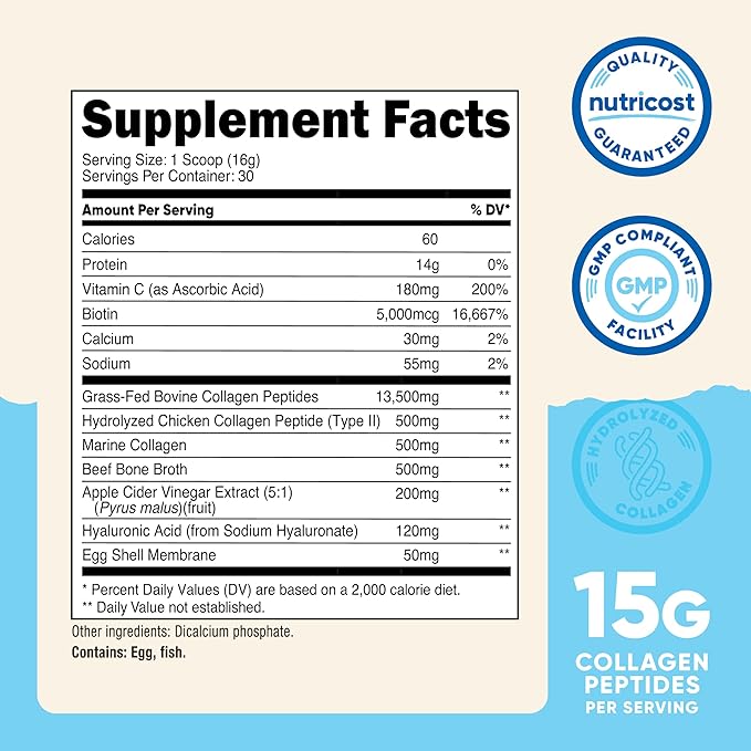 Nutricost Multi Collagen Protein Complex (Unflavored, 30 Servings) - Supplement with Biotin, Hyaluronic Acid, and Collagen Peptides