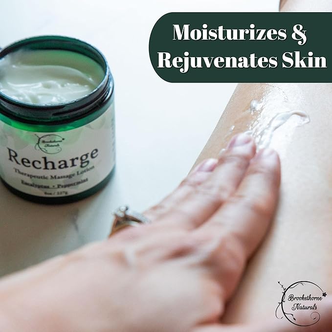 Recharge Massage Lotion for Massage Therapy & Home Use | Cream for Effortless Glide Massaging Body Lotion | Shea Butter, Coconut Oil, Eucalyptus, Peppermint Essential Oil - Brookethorne Naturals