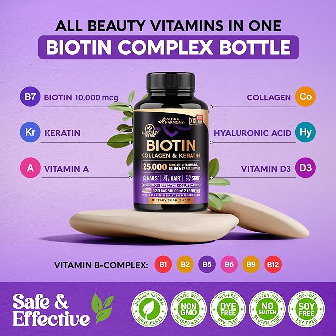 Biotin | Collagen | Keratin - Clinically Tested Supplement - Hair Growth Support, Skin & Nails - 25000 mcg Vitamins B2, B3, B6 & B7 + B1 & Hyaluronic Acid - Made in USA - Women & Men | 120 Capsules