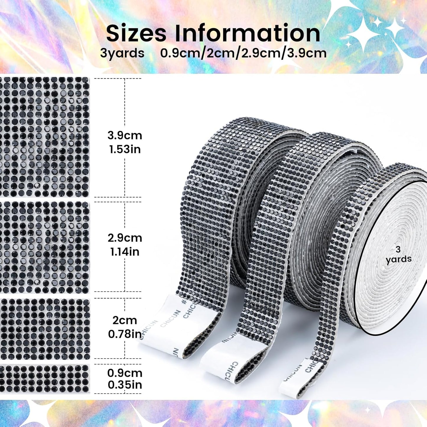 Novani Self Adhesive Rhinestone Ribbon, 1.53 Inch Wide 3 Yards 1 Roll, Black Crystal Diamond Bling Strips for DIY Crafts, Home Decor, Clothing,Shoes, Car Decoration（Black）