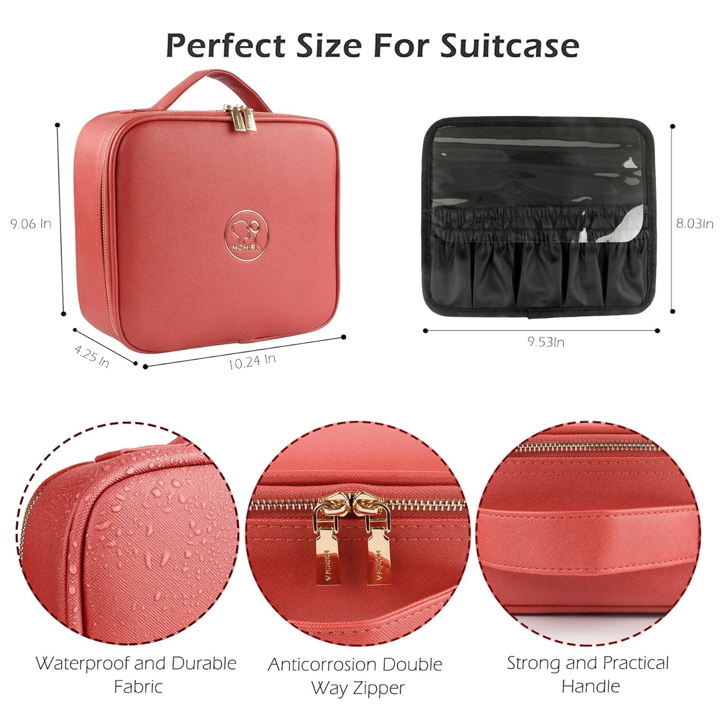 MOMIRA Travel Makeup Bag Cosmetic Bag Makeup Organizer Bag with Lighted Mirror, Adjustable Brightness in 3 Color Scenarios, Waterproof Makeup Train Case, Gift for Women - Red