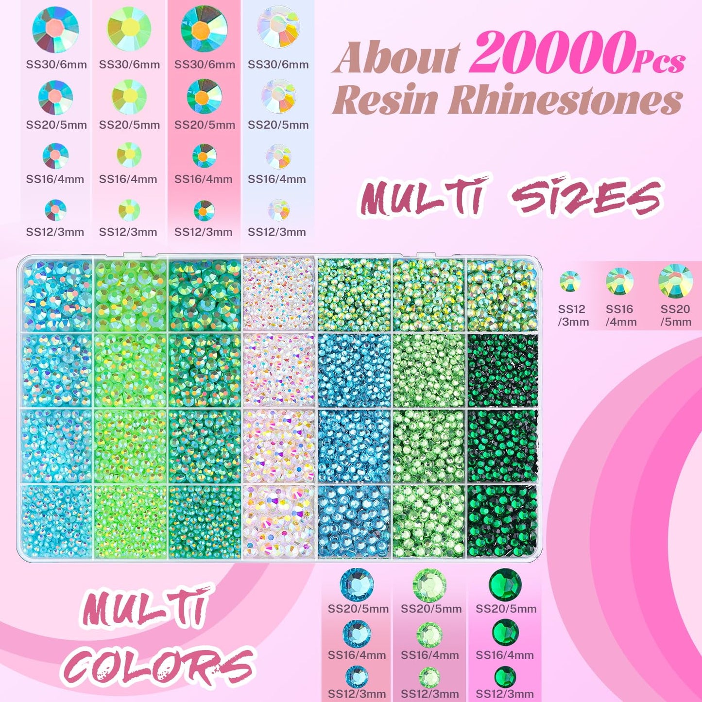 20000Pcs Green Rhinestones for Bedazzling with 1Pcs B7000 Jewelry Glue, Resin Rhinestones for Crafting Crafts DIY, Bedazzler Kit Gems for Clothing Shoes Tumblers Nail Art Assorted Size 3/4/5/6mm