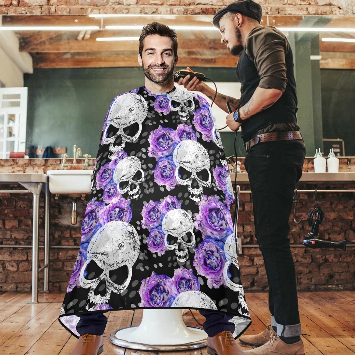 visesunny Barber Cape Blue Flower Skull Polyester Hair Cutting Salon Cape Apron Anti-Static Haircut Water-Resistant Shaving Cloth Beard Shaving Bib Hairdressing Cape