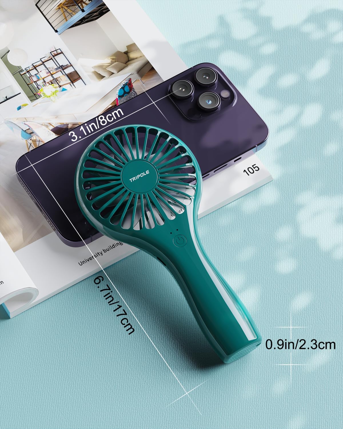 TriPole Mini Portable Handheld Fan - Personal Battery Operated, USB Rechargeable, Strong Wind, Small Electric Makeup Eyelash Fan for Stylish Women Kids Girls Travel Summer Retro Gifts, Dark Green