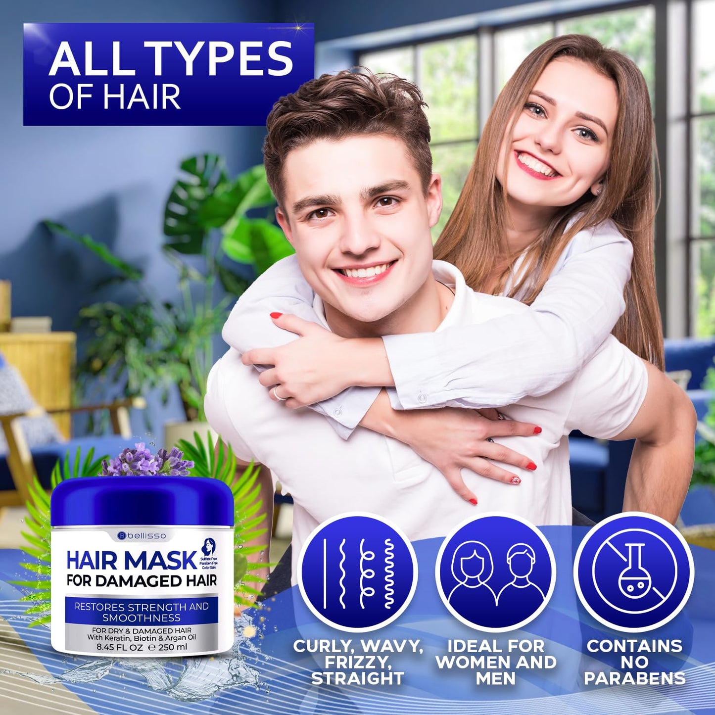 BELLISSO Hair Mask for Damaged Hair - Deep Conditioning and Moisturizing Repair Treatment for Dry Split Ends and Breakage - Hydrating Moisturizer Products for Women and Men - 8.45 Fl Oz