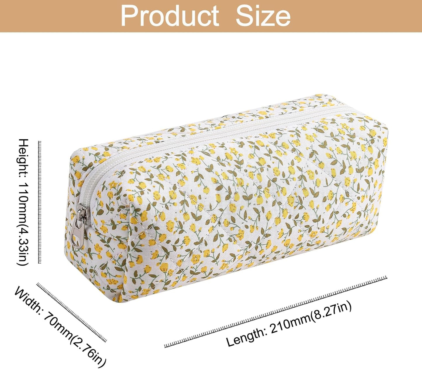 Cute Floral Cotton Makeup Brush Cosmetic Bag for Women, Travel Quilted Zipper Make Up Bag, Flowers Toiletry Organizer Case Kawaii Makeup Cosmetic Travel Cloth Pouch (Yellow Floral)