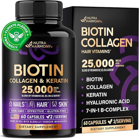 Biotin | Collagen | Keratin | 25000 mcg B1 | B2 | B3 | B6 | B7 - 60 Capsules